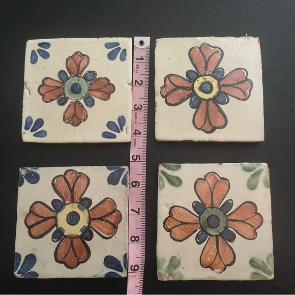 Mexican Hand Painted Terra-Cotta Talavera Vintage Tiles Set of 4 - Picture 13 of 15